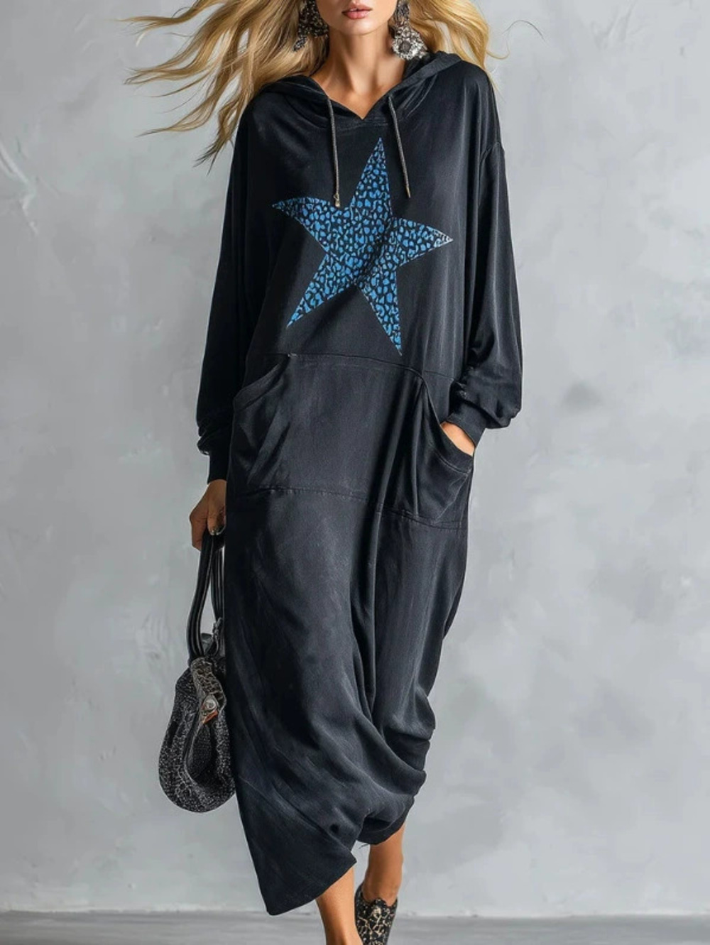 H&M Casual Trendy Star Print Hoodie Dress Long Sleeve Oversized